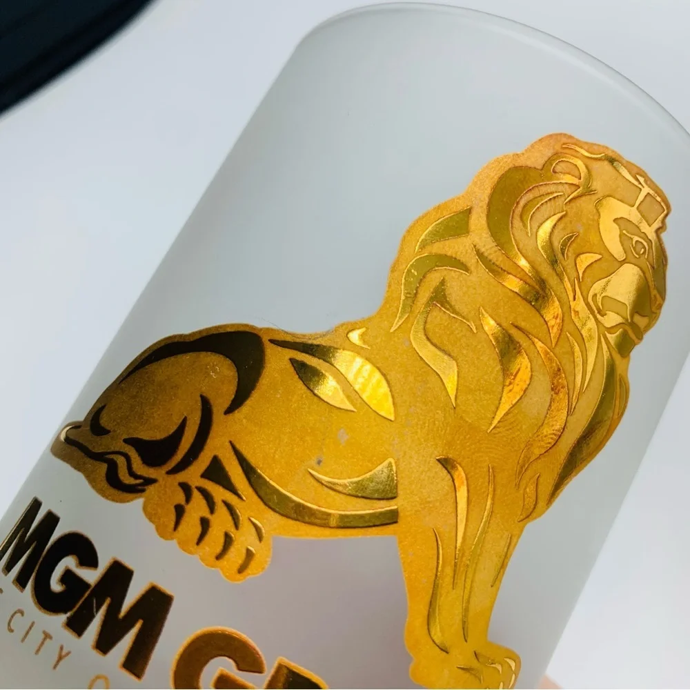 Vtg Las Vegas MGM Grand Casino Hotel Frosted Whiskey Lowball Glasses Gold Lions